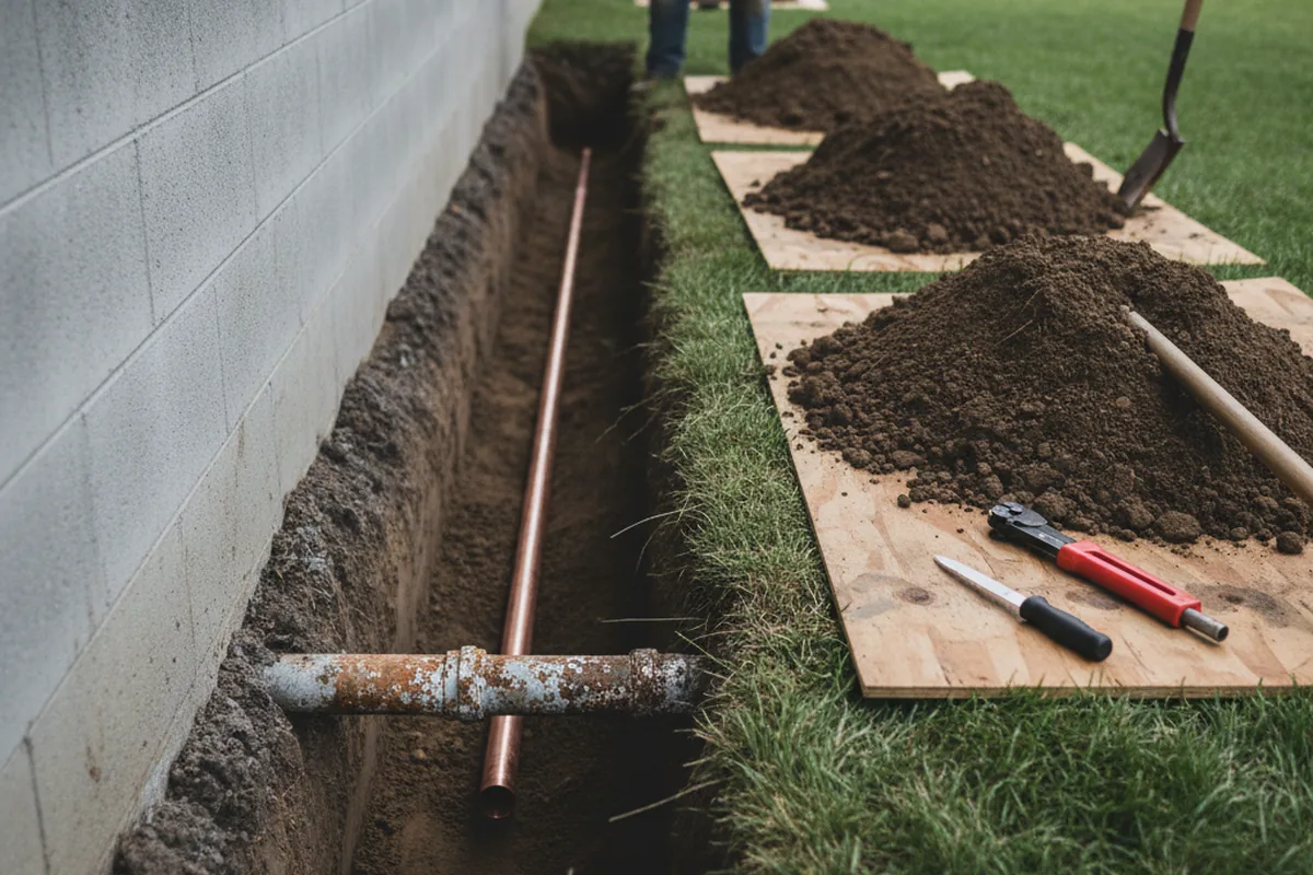 Excavated water line trench during Sewer Line Repair in Salvisa